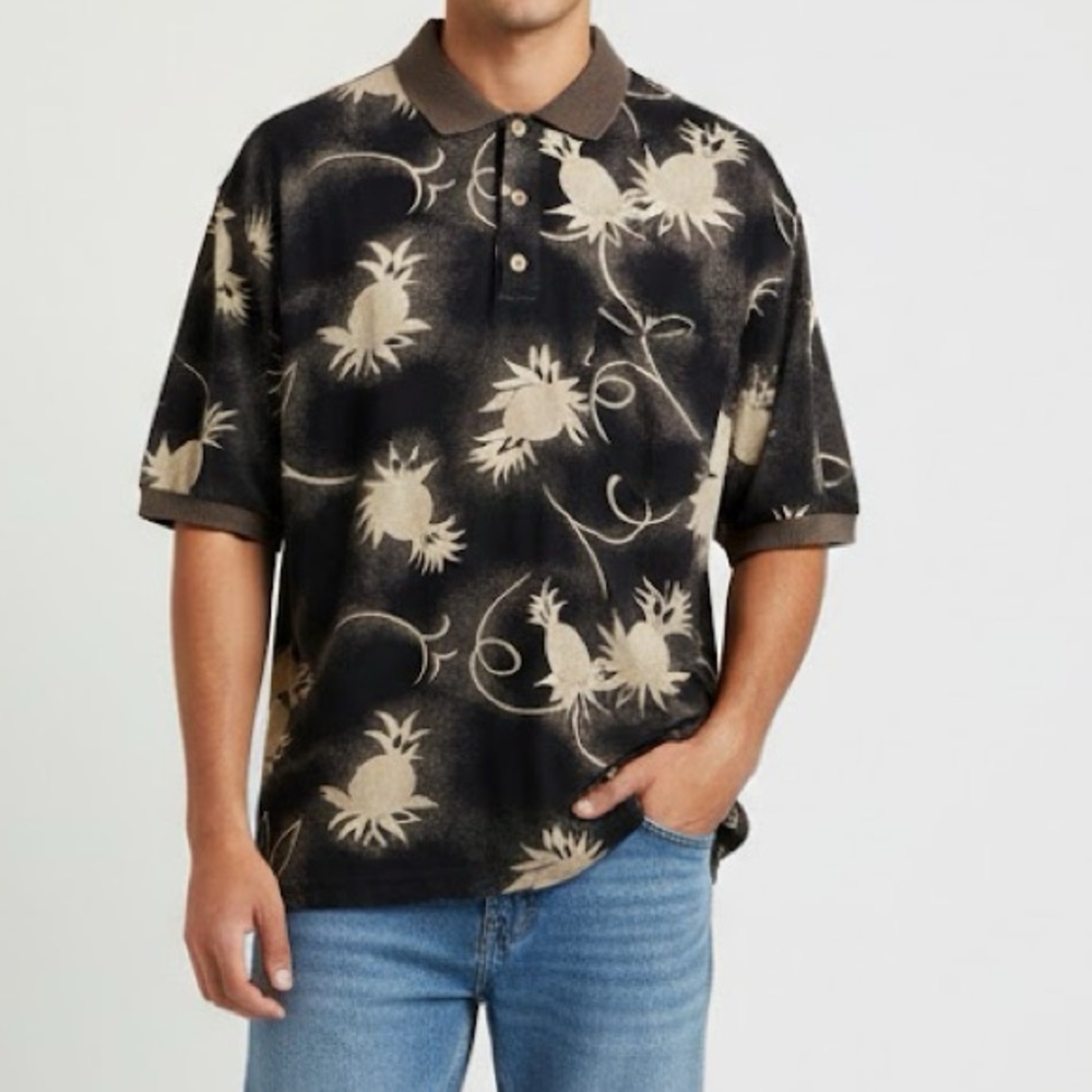 Tommy Bahama 100% Silk Pineapple Print Hawaiian Polo Shirt Large